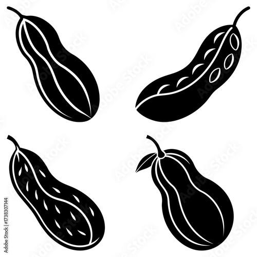 Illustration showing four peanuts in different stages of shell with black and white color scheme art style