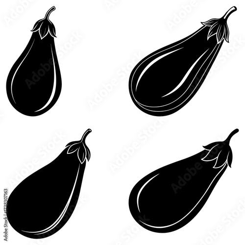 Four stylized black and white eggplants in various orientations on a white background design element