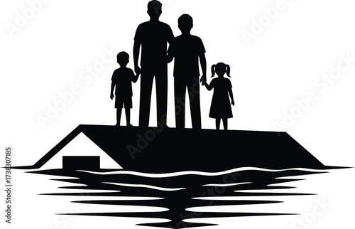 Family standing on flooded house roof silhouette during disaster event