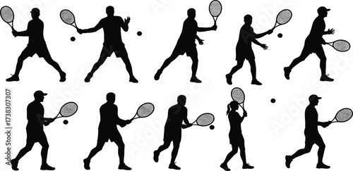 Black vector silhouettes of people playing soccer, basketball, and tennis show action sports with a ball and include a player running in competition