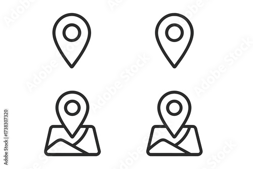 Map location pin icon set. GPS pointer, navigation marker, destination symbol. Geotag position sign for web, app, UI design. Outline vector graphic isolated on white.