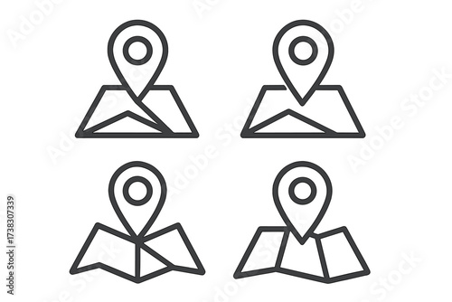 Map pin location icon set. Vector outline symbols for navigation, GPS, and destination. Pointer marker for travel and route finding. UI element for web and app design isolated.