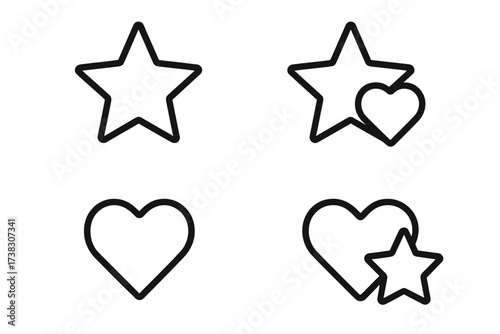Heart and star icon set for favorites, likes, and ratings. Vector line symbols for web design, app UI, and social media. Love, success, and achievement concepts isolated.