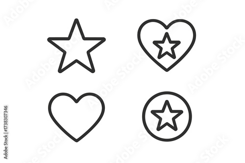 Favorite icon set with star and heart symbols for rating and likes. Vector line art for web design, app UI, social media. Bookmark, love, and feedback concepts isolated.