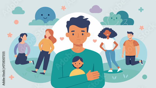 A member shares his journey of recovery from a combination of different eating disorders finding strength and solidarity in the company of his peers.. Vector illustration