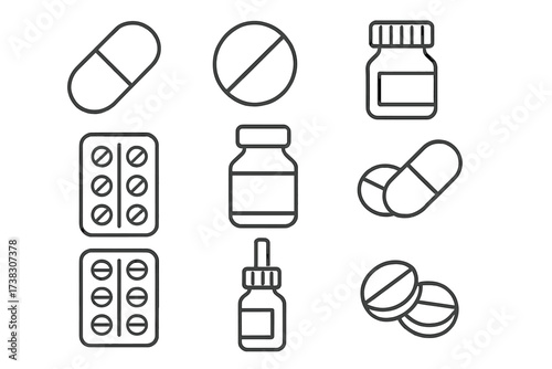 Pills and medication thin line icon set. Vector collection of editable stroke drug icons. Pharmacy, medicine, and healthcare symbols for web, apps. Capsule, tablet, bottle.