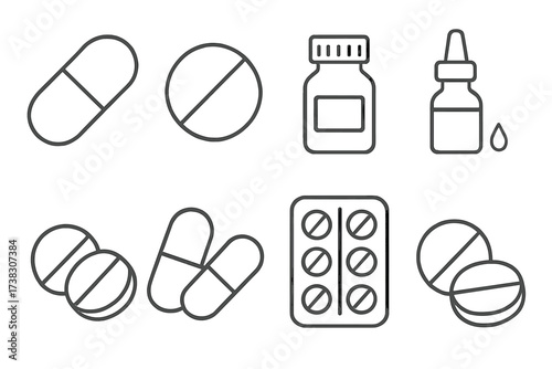 Pills and medication line icon set. Pharmacy and healthcare concept. Vector drug, tablet, capsule, bottle, drops. Medical treatment symbol. Editable stroke. Outline illustration.