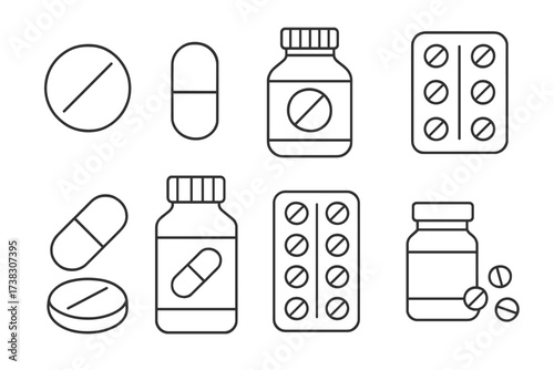 Pills and medication thin line icon set. Pharmacy and healthcare concept. Vector icons of drug, tablet, capsule, medicine bottle, and blister pack. Editable stroke for web and app.
