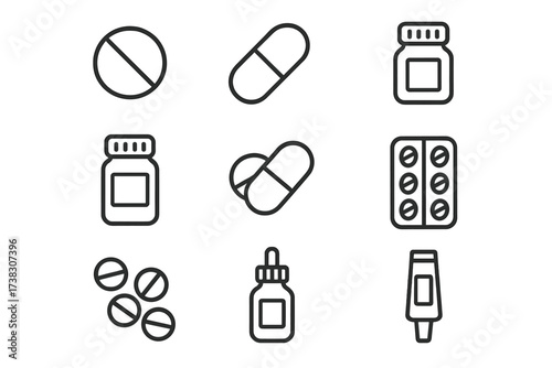 Medical and Pharmacy line icon set. Pills, capsules, medication bottles. Vector symbols for healthcare, drug store, treatment, and UI design. Editable stroke illustration.