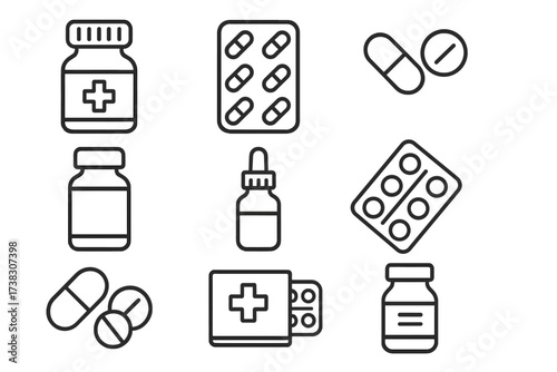 Pills and medication vector line icon set. Pharmacy, healthcare, and drug symbols. Editable stroke icons for UI, web, and apps. Includes bottle, tablet, capsule, and blister pack.