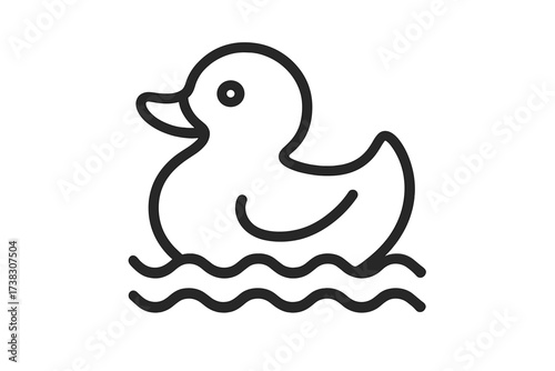Rubber duck toy icon for bath time fun. Simple line art illustration of a cute floating duckling for baby and childhood concepts. Minimalist vector graphic for kids products.