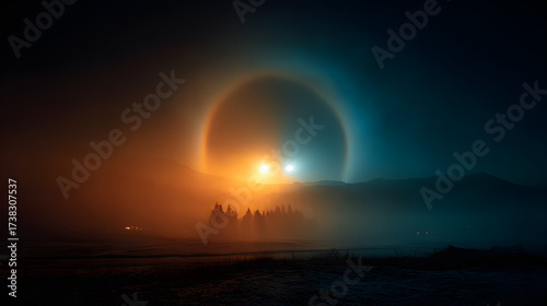 Transparent mist ghosts circling moon, backlighting halo effect, atmospheric perspective layers, cool complementary blue-orange palette, serene haunting wallpaper