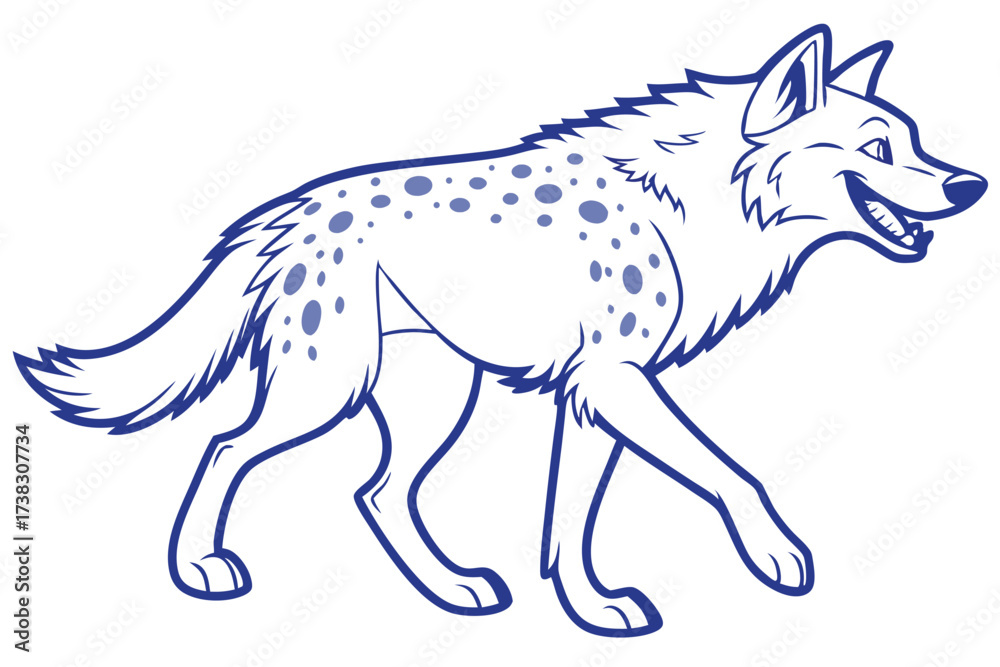 Fototapeta premium Smiling Cartoon Hyena Walking with Spotted Pattern Design in Blue Outline