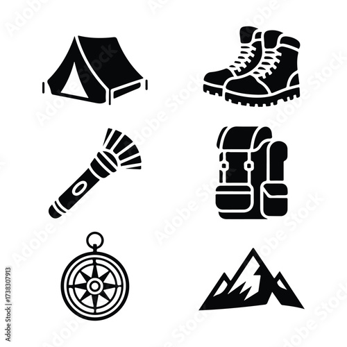 Collection of black silhouette icons for camping gear tent compass torch boot mountain and bag