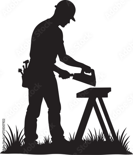 Silhouette of a carpenter using a planer on a sawhorse