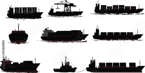 Set of nine cargo ship vector silhouettes with containers, tugboats, cranes, maritime transport, shipping industry, logistics, ocean freight, and nautical design