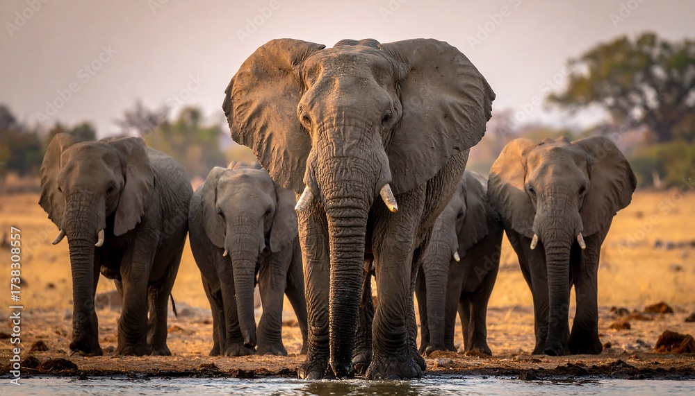 Fototapeta premium A majestic herd of African elephants gathering at a waterhole.