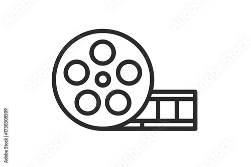 Film reel line icon. Movie filmstrip vector graphic. Cinema, video, and movie symbol. Simple pictogram for web design, app, logo. Cinematography entertainment media element.