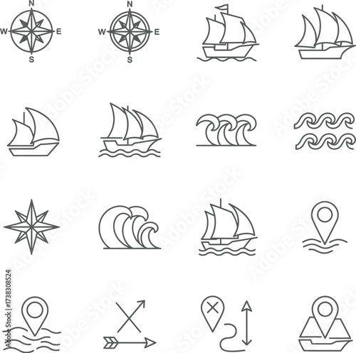 Collection of minimalist black line art nautical icons featuring compasses, sailing ships, ocean waves, location pins and directional arrows for seafaring exploration design