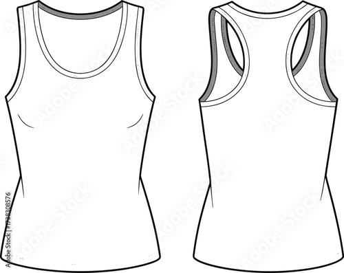 Blank women tank top fashion vector template, front and back view sleeveless shirt outline design, clothing mockup for apparel, textile, sportswear, fitness wear illustration