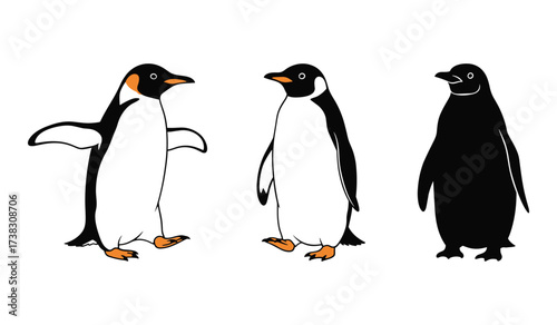 Three cartoon penguins black white orange feet white background illustration