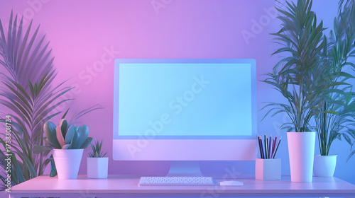 Modern workspace with computer monitor, potted plants and stationery in pink and blue neon light