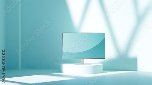 Modern computer monitor on white pedestal in bright minimalistic blue interior with shadows