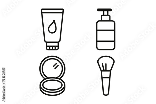 Cosmetics makeup beauty line icon set. Cream tube, lotion pump, powder compact, brush. Skincare and beauty products vector illustration for web design, logo, app, ui.