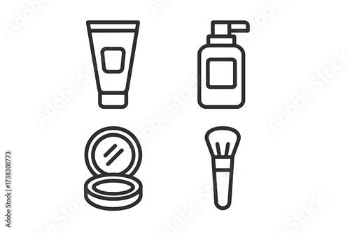 Cosmetics and makeup line icon set. Vector illustration includes cream tube, lotion pump bottle, compact powder, and brush. Simple outline symbols for beauty, skincare, and web.