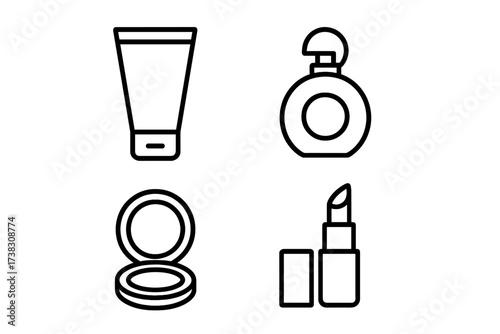 Cosmetics and makeup icon set with lipstick, perfume, powder, cream. Beauty products line art. Simple outline symbols for skincare, personal care. Vector graphic for web, ui.
