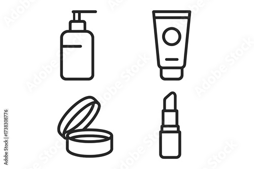Cosmetics and makeup vector line icon set. Beauty and skincare product symbols. Lotion dispenser, cream tube, face powder, and lipstick. Isolated graphic for web, app, logo, UI.
