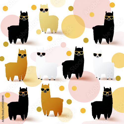 Seamless pattern with colorful cartoon llamas wearing sunglasses on playful dotted background