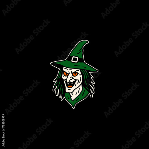 Cartoon witch with green hat and pale face pointy nose and sharp teeth black background perfect for hellowen design eps8