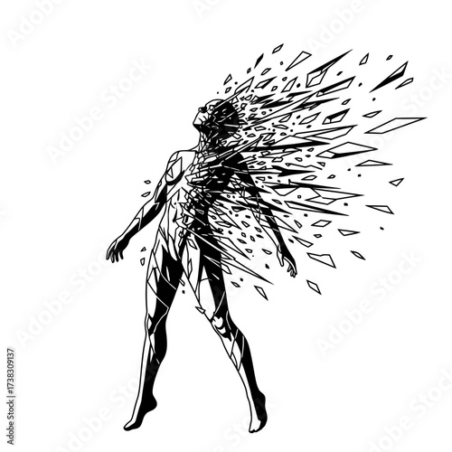 Disintegrating figure line art sketch symbolic fragmentation, transformation, phemeral existence, black and white minimalist artwork isolated on white background.
