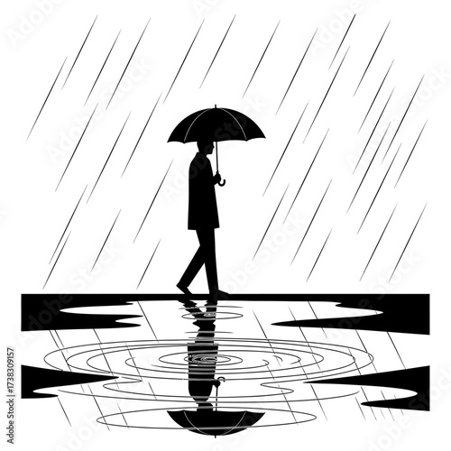 Silhouette man walking in rain umbrella illustration reflections, solitude, rainy day black and white sketch isolated on white background minimalist artwork.