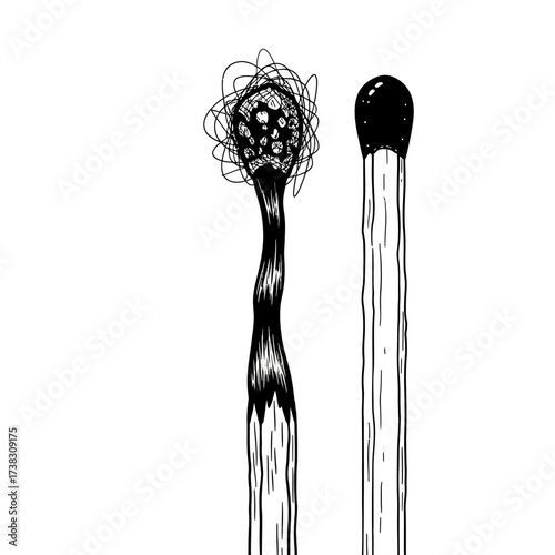 Burnt and unlit match illustration burnout concept, exhaustion, rest, black and white minimalist line art sketch isolated on white background symbolic artwork.