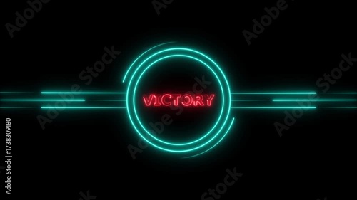 Victory dynamic red color animation featuring a glowing neon symbol, encircled by a vibrant cyan circle. The animation has a modern, energetic feel creative projects cyan line on black background.