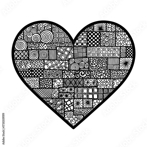 Heart with intricate patterns line art black and white symbolic love illustration, complexity, abstract minimalist design isolated on white background artwork.