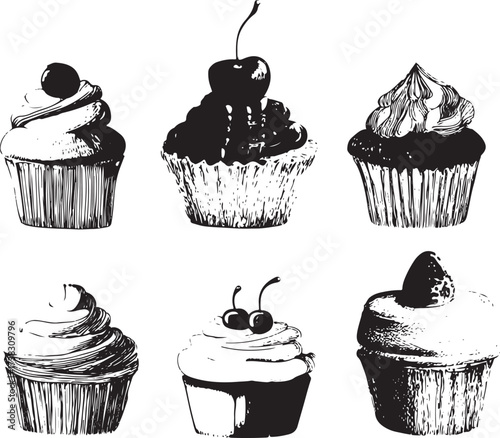 set of hand-drawn vector cupcakes