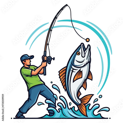 Excited angler reels in a massive jumping fish, celebrating a triumphant catch amidst dynamic water splashes and vibrant ocean waves