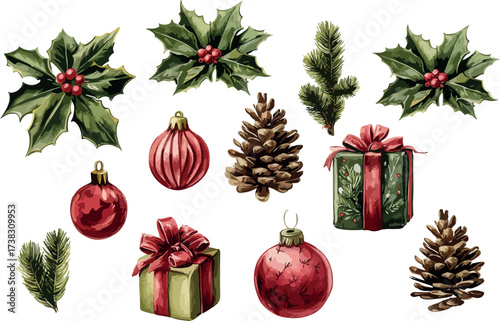 set of  vintage hand-drawn vector Christmas items such as gift, ornament, pinecone, pine