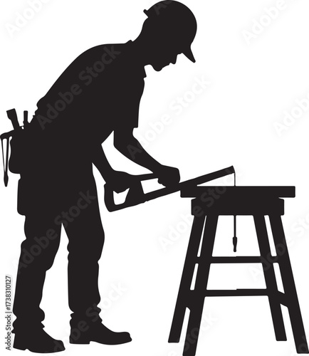Silhouette of carpenter cutting wood on sawhorse vector