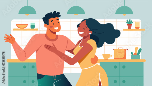 Laughing and dancing in the kitchen a couple shares a moment of pure joy and connection their bodies moving in perfect harmony as their strong and loving relationship flourishes.. Vector illustration