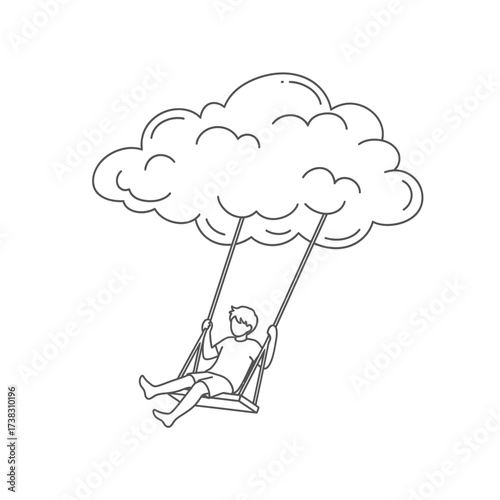 Young person swinging on cloud sketch joyful minimalist line art, whimsical conceptual illustration, freedom, imagination artwork isolated on white background design.