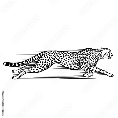 Cheetah sprinting illustration motion blur line art, speed, agility, wildlife artwork, black and white minimalist sketch isolated on white background drawing.