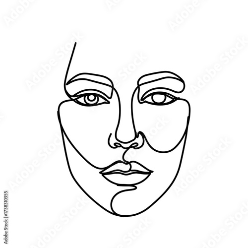 One line woman face minimalist drawing feminine elegance, continuous flowing line, black and white modern sketch isolated on white background conceptual artwork.