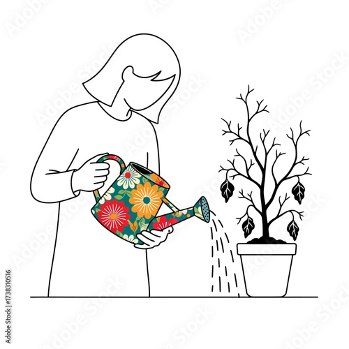 Woman watering dying plant sketch floral watering can, symbolic growth, care, black and white minimalist illustration isolated on white background conceptual art.
