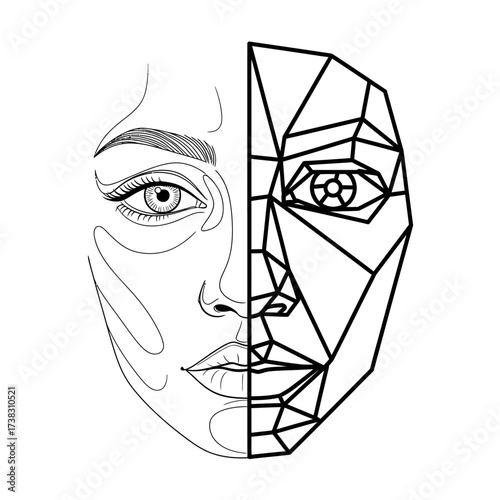 Abstract woman face half realistic half geometric illustration modern line art, black and white minimalist drawing isolated on white background artistic design.