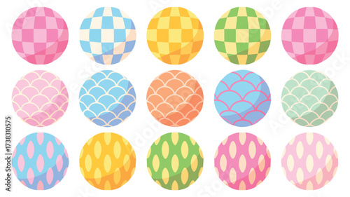 Vector art of colorful assortment of patterned balls, creating a visually appealing composition
