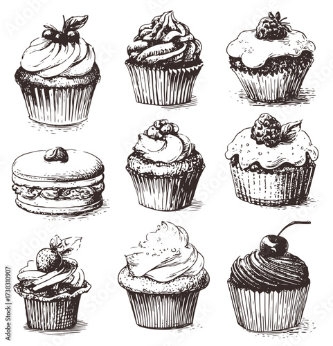 set of hand-drawn vector cupcakes